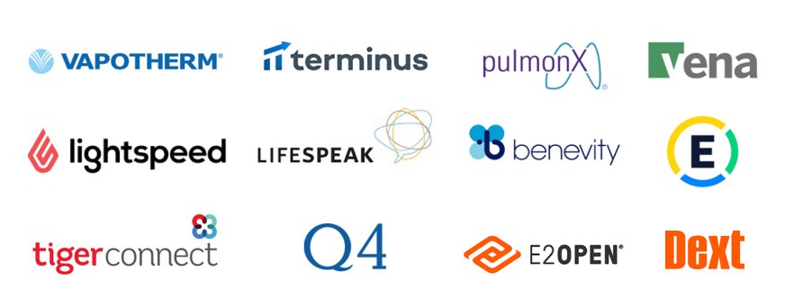 Logos de compagnies: Vapotherm, Terminus, PulmonX, Vena Solutions, Lightspeed, Lifespeak, Benevity, Expensify, Tigerconnect, Q4, E2Open, DEXT